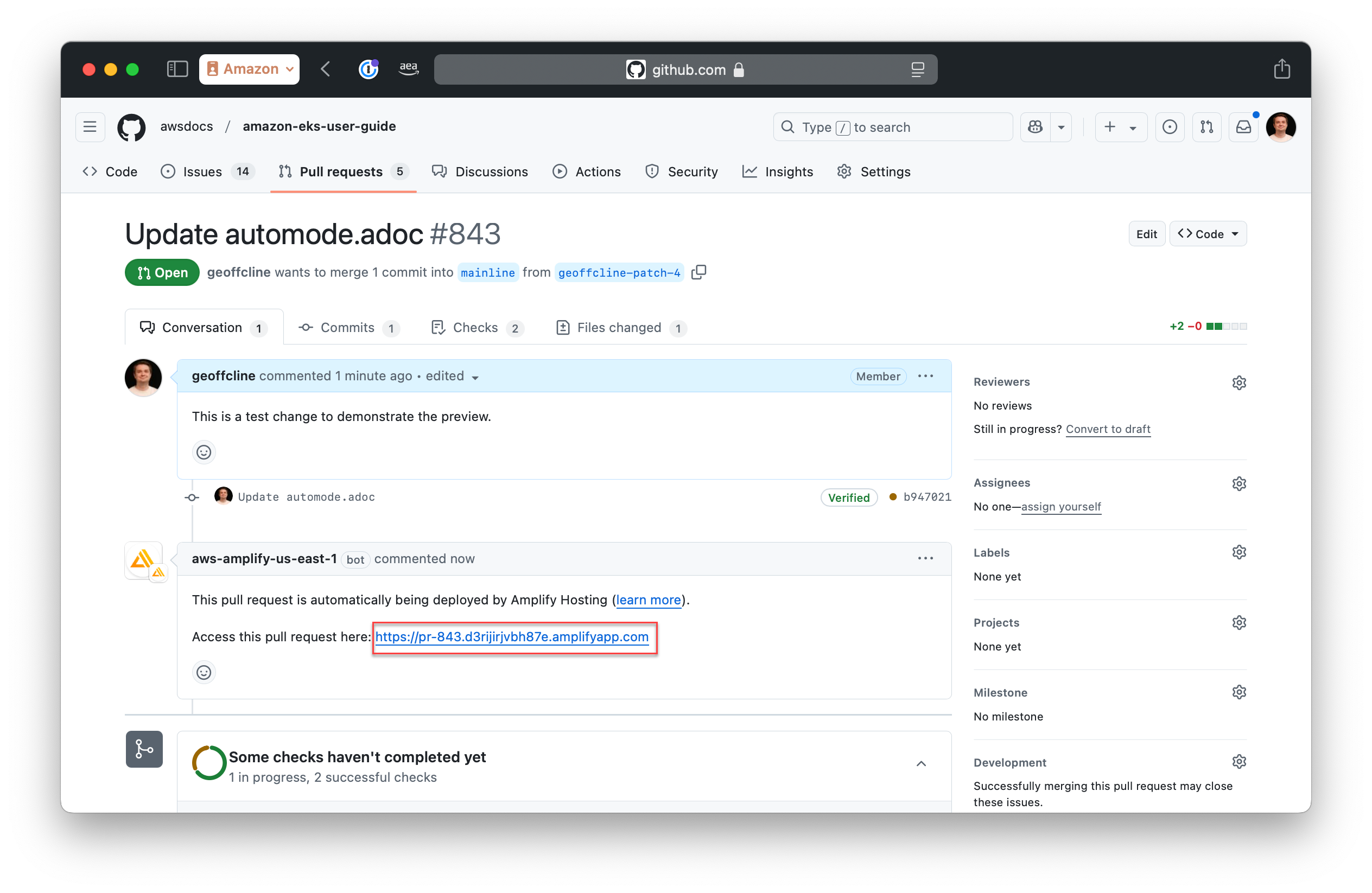 GitHub comment with preview URL